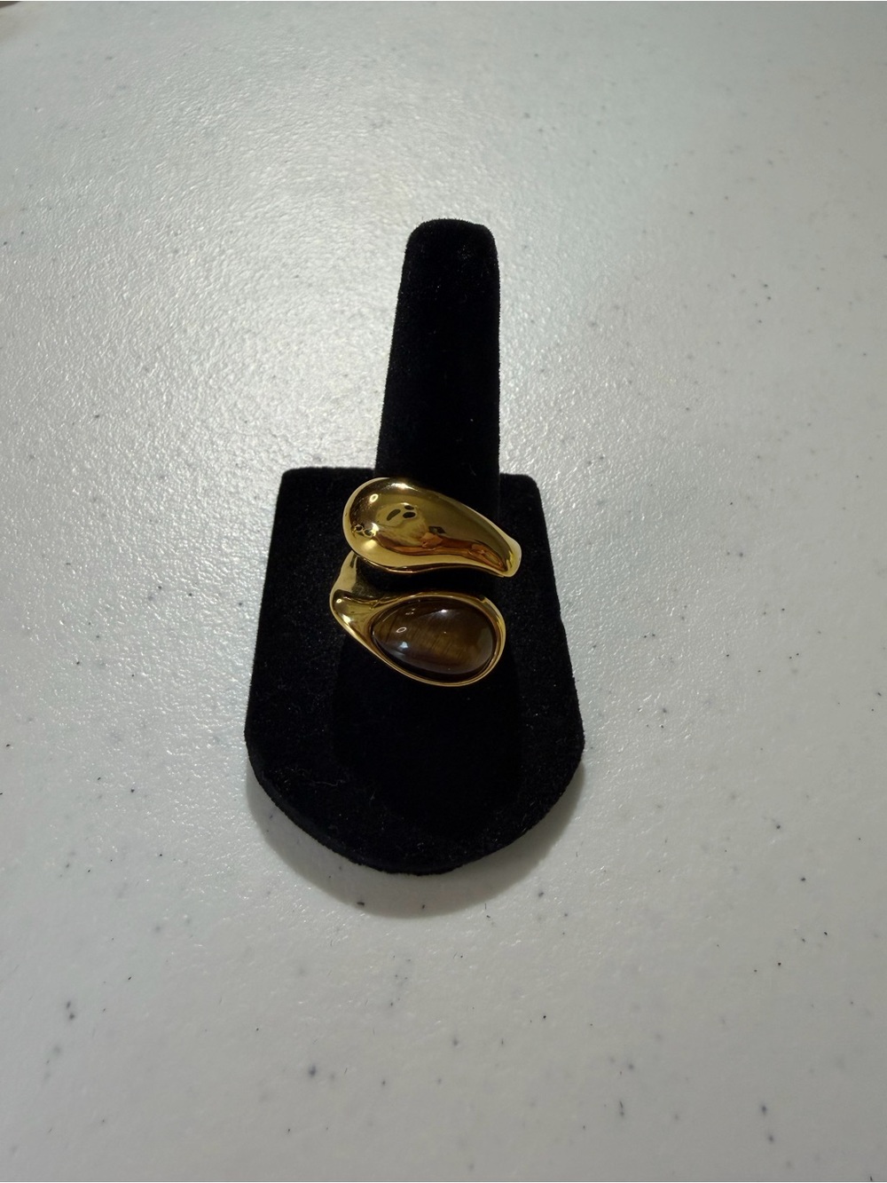Gold Teardrop Statement Ring with Brown Stone (Tigers Eye)